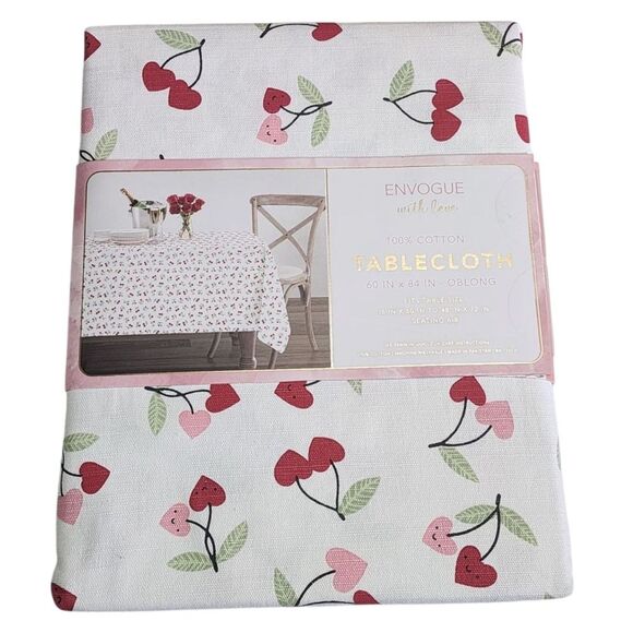 Envogue Shabby Chic Hearts And Cherries Design Cotton Tablecloth 60x84in Oblong - Picture 7 of 8
